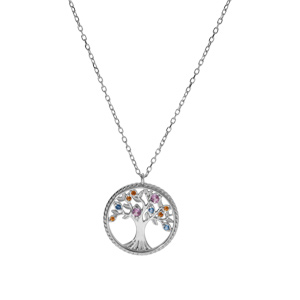 Collier en argent rhodi chane avec pendentif motif arbre de vie contour perl et oxydes multi couleurs 42+3cm - Vue 2