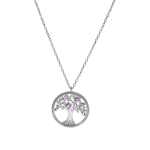 Collier en argent rhodi chane avec pendentif motif arbre de vie contour perl et oxydes violet 42+3cm - Vue 2