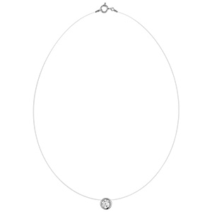Collier solitaire en argent rhodié câble en nylon avec pendentif rond serti, pierre 7mm blanche - longueur 40cm - Vue 2