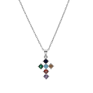 Collier en argent rhodi pendentif croix 15x10mm oxydes multi couleurs sertis 40+5cm - Vue 2