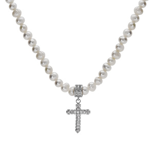 Collier perles de culture d\'eau douce et croix avec oxydes blancs sertis 40+5cm - Vue 2