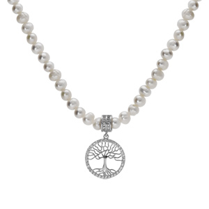 Collier perles de culture d\'eau douce et arbre de vie avec oxydes blancs sertis 40+5cm - Vue 2