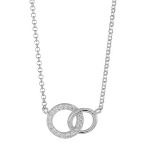 Collier en argent rhodi chane avec pendentif 2 anneaux de taille diffrente emmaills, 1 gros orn d\'oxydes blancs et le petit lisse - longueur 40cm + 2cm de rallonge - Vue 2