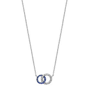 Collier en argent rhodi chane avec pendentif 2 anneaux de taille diffrente emmaills, 1 gros orn d\'oxydes blancs et le petit orn d\'oxydes bleus foncs - longueur 40cm + 2cm de rallonge - Vue 2