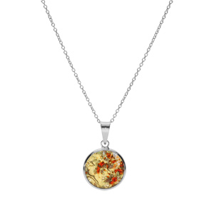 Collier en argent rhodi pendentif rond 15mm Murano vritable borale 40+5cm orange et dor avec des touches de rouge - Vue 2