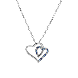 Collier argent rhodi pendentif double coeur contour oxydes bleus et blancs 42+3cm - Vue 2