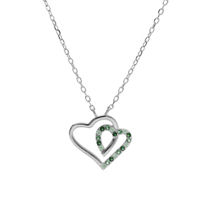 Collier argent rhodi pendentif double coeur contour oxydes verts et blancs 42+3cm - Vue 2