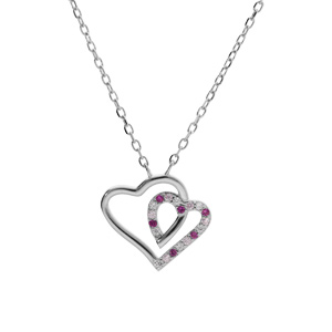 Collier en argent rhodi pendentif double coeur contour oxydes blancs et roses 42+3cm - Vue 2