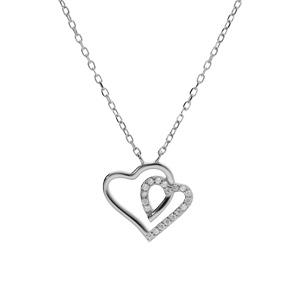 Collier en argent rhodi pendentif double coeur contour oxydes blancs 42+3cm - Vue 2