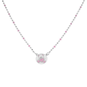 Collier en argent rhodi chane maille boule mdaillon motif ourson rose 36+3cm - Vue 2