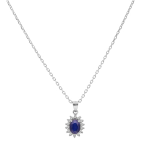 Collier en argent rhodi chane avec pendentif fleur de Saphir vritable et contour de Topazes blanches serties 42+3cm - Vue 2