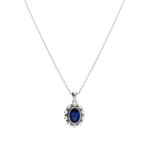 Collier en argent rhodié pendentif oxyde central bleu et contour perle blanche imitation - 42+3cm - Vue 2