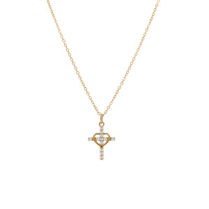 Collier en argent dor coeur avec croix orne d\'oxydes blancs - 38+5cm - Vue 2