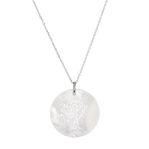 Collier en argent rhodi chane avec pendentif mdaille fond de Nacre Blanche motif arbre de vie 41,5+3cm - Vue 2