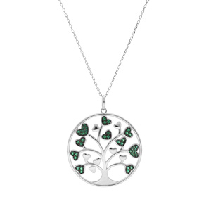 Collier en argent rhodi massif chane avec pendentif arbre de vie 30mm et coeurs oxydes verts 44,5+4,5cm - Vue 2