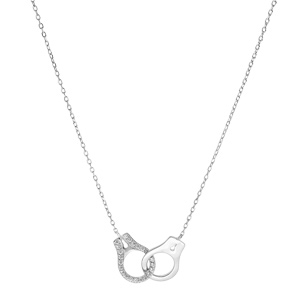 Collier en argent rhodi massif chane avec pendentif menottes oxydes blancs 40+5cm - Vue 2