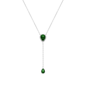 Collier en argent rhodié forme cravate avec gouttes d\'oxyde vert et contour d\' oxydes blancs - 39+5cm - Vue 2