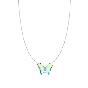 Collier en argent rhodi papillon 20x15mm verre dgrad bleu vert et orn d\'oxydes blancs sertis - 42+3cm - Vue 2