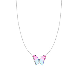 Collier en argent rhodi papillon 20x15mm verre dgrad rose et orn d\'oxydes blancs sertis - 42+3cm - Vue 2