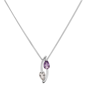 Collier en argent rhodi chane avec pendentif 2 brins pierres Amethyste vritable et Topaze blanc 42+3cm - Vue 2