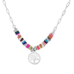 Collier en argent rhodi avec perles cocktail de couleurs et pastille arbre de vie 40+5cm - Vue 2