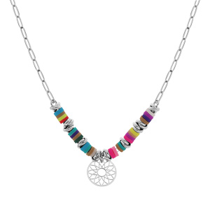 Collier en argent rhodi avec perles cocktail couleurs et pastille mandala 42+3cm - Vue 2