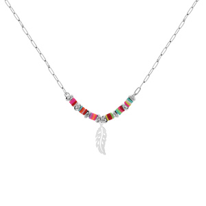 Collier en argent rhodi avec perles cocktail couleurs et pastille plume 42+3cm - Vue 2