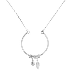 Collier en argent rhodi chane avec pendentif cercle avec anneaux et pampilles motif plume et oxyde blanc serti 42+2,5cm - Vue 2