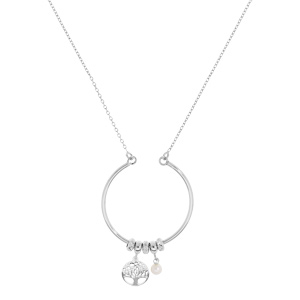 Collier en argent rhodié chaîne avec pendentif cercle avec anneaux et pampilles arbre de vie et perle blanche de culture d\'eau douce 40+5cm - Vue 2