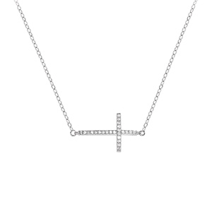 Collier en argent rhodié chaîne avec pendentif 1 grande croix chrétienne ornée d\'oxydes blancs sertis - longueur 43cm + 2cm de rallonge - Vue 2