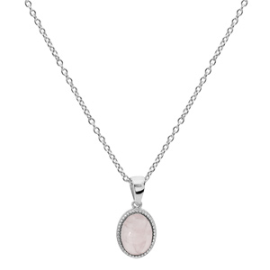 Collier en argent rhodi chane avec pendentif pierre pierre Quartz rose vritable et contour perl 42+3cm - Vue 2