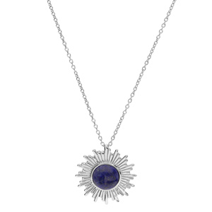 Collier en argent rhodi chane avec pendentif soleil stylis et Lapis Lazuli vritable 42+3cm - Vue 2