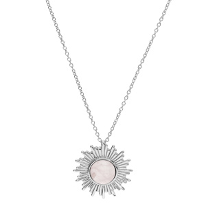 Collier en argent rhodi chane avec pendentif soleil stylis et Quartz rose vritable 42+3cm - Vue 2