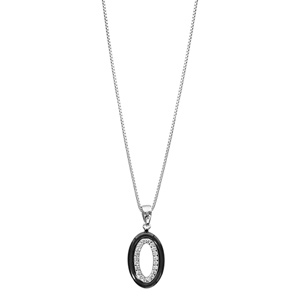 Collier en argent rhodi chane avec pendentif anneau ovale en cramique noire avec anneau ovale orn d\'oxydes blancs sertis  l\'intrieur - longueur 42cm + 3cm de rallonge - Vue 2