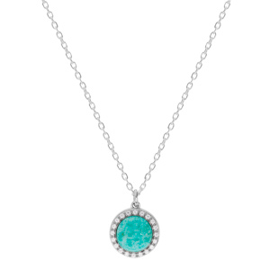 Collier en argent rhodi chane avec pendentif pierre Amazonite naturelle ronde et contour d\'oxydes blancs sertis 42+3cm - Vue 2