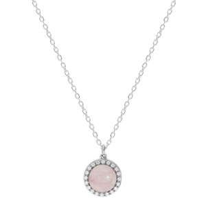 Collier en argent rhodi chane avec pendentif pierre Quartz rose naturelle ronde et contour d\'oxydes blancs sertis 42+3cm - Vue 2