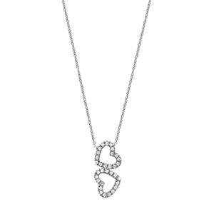 Collier en argent rhodié chaîne avec pendentif 2 coeurs ornés d\'oxydes sertis disposés en sens inverse - longueur 41cm - Vue 2