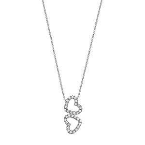 Collier en argent rhodié chaîne avec pendentif 2 coeurs ornés d\'oxydes sertis disposés en sens inverse - longueur 41cm - Vue 2