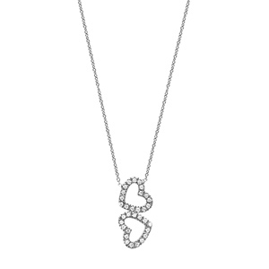 Collier en argent rhodi chane avec pendentif 2 coeurs orns d\'oxydes sertis disposs en sens inverse - longueur 41cm - Vue 2