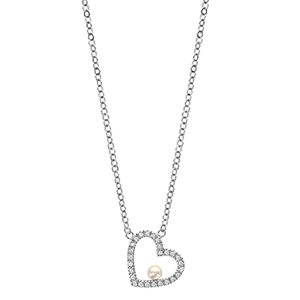 Collier en argent rhodi chane avec pendentif coeur ajour orn d\'oxydes sertis avec 1 perle blanche synthtique  l\'intrieur - longueur 42cm + 3cm de rallonge - Vue 2
