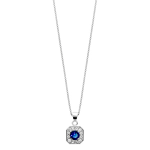 Collier en argent rhodi collection joaillerie chane avec pendentif carr avec angles bisauts et oxydes sertis blancs disposs en forme de fleur avec coeur en oxyde bleu - longueur 42cm + 3cm de rallonge - Vue 2