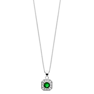 Collier en argent rhodi collection joaillerie chane avec pendentif carr avec angles bisauts et oxydes sertis blancs disposs en forme de fleur avec coeur en oxyde vert - longueur 42cm + 3cm de rallonge - Vue 2