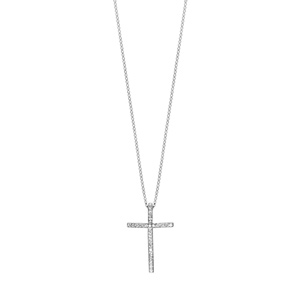 Collier en argent rhodi chane avec pendentif croix chrtienne en rails d\'oxydes blancs sertis - longueur 42cm + 3cm de rallonge - Vue 2