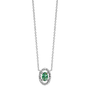 Collier en argent rhodi collection joaillerie chane avec pendentif oxyde ovale vert et entourage d\'oxydes blancs sertis - longueur 40cm + 4cm de rallonge - Vue 2