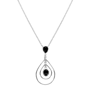 Collier en argent rhodi chane avec pendentif oxyde noir retenant 2 gouttes en fil suspendues et oxyde ovale noir suspendu au milieu - longueur 40cm + 4cm de rallonge - Vue 2