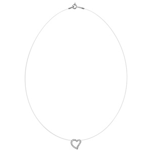 Collier en argent rhodi fil en nylon avec pendentif coeur asymtrique vid orn d\'oxydes blancs - longueur 42cm - Vue 2