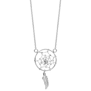 Collier en argent rhodi chane avec pendentif attrape rves avec petite boule lisse au milieu et 1 plume suspendue - longueur 42cm + 3cm de rallonge - Vue 2