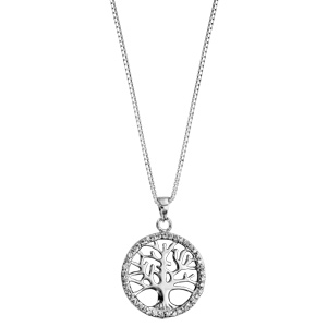 Collier en argent rhodi chane avec pendentif arbre de vie  l\'intrieur d\'1 cercle orn d\'oxydes blancs sertis - longueur 42cm + 3cm de rallonge - Vue 2