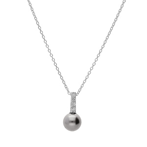 Collier en argent rhodi chane avec pendentif barrette d\'oxydes blancs avec perle grise de synthse 40cm + 4cm - Vue 2