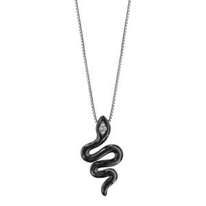 Collier en argent rhodié chaîne avec pendentif serpent en céramique noire avec oxydes blancs sertis sur le dessus - longueur 42cm + 3cm de rallonge - Vue 2